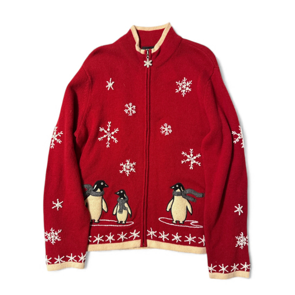 Statements by Daniel Lambs Red Christmas Sweater Cardigan Zip Snowman 3D Appliqu